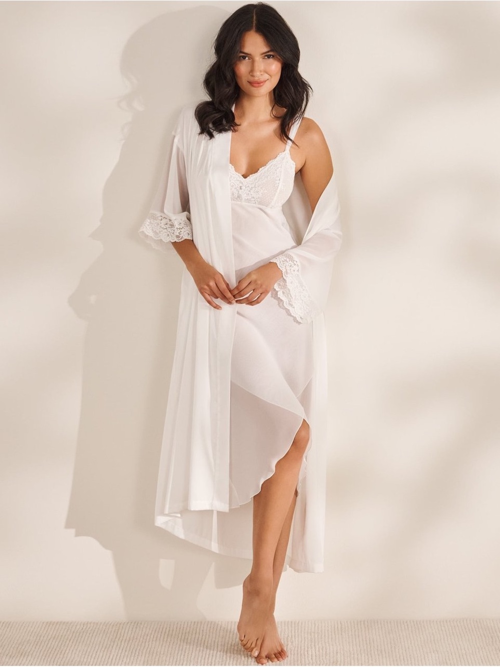 La Vie En Rose White Satin Lace-Trim Robe & Slip Set